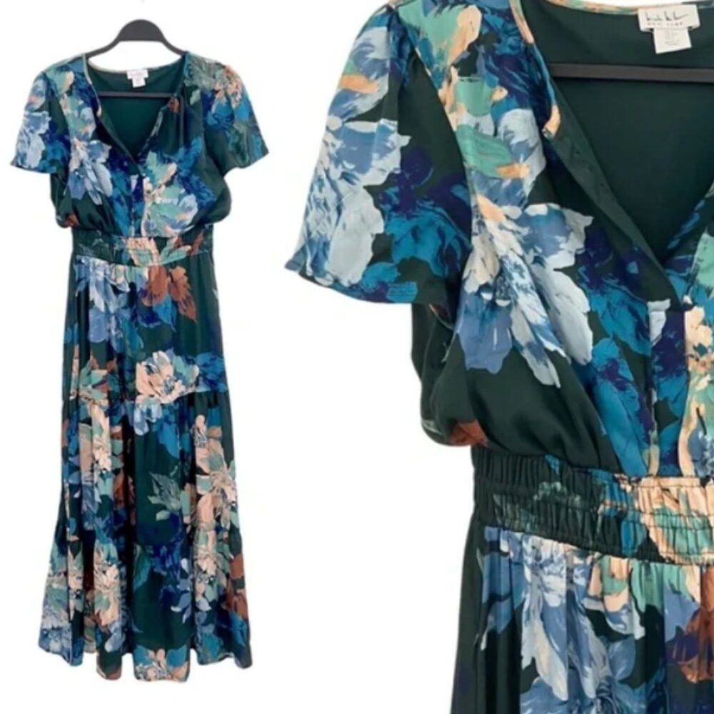 Nicole Miller NY Green Blue Floral Silky Cottage Maxi Dress M